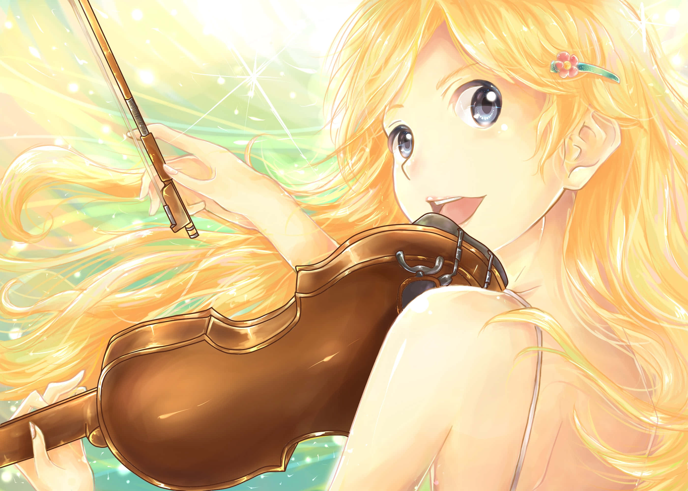 Kaori Miyazono, violin, golden glowing background, 2K Desktop Wallpaper