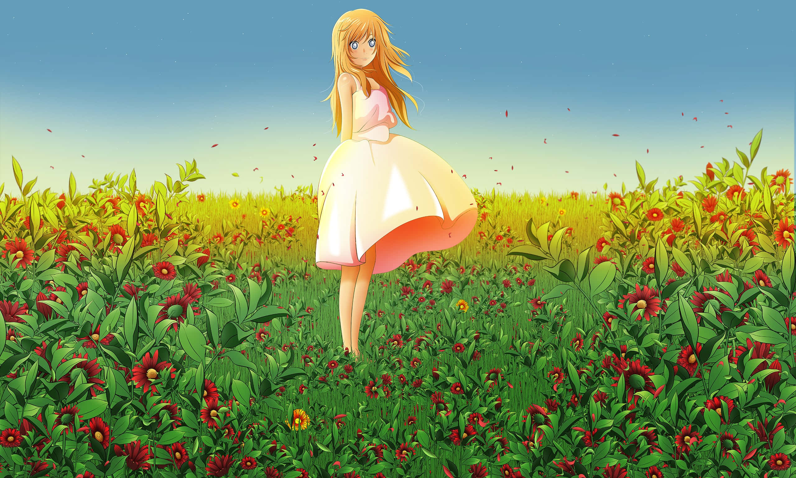 Kaori Miyazono, pink dress, red flowers, 2K Desktop Wallpaper