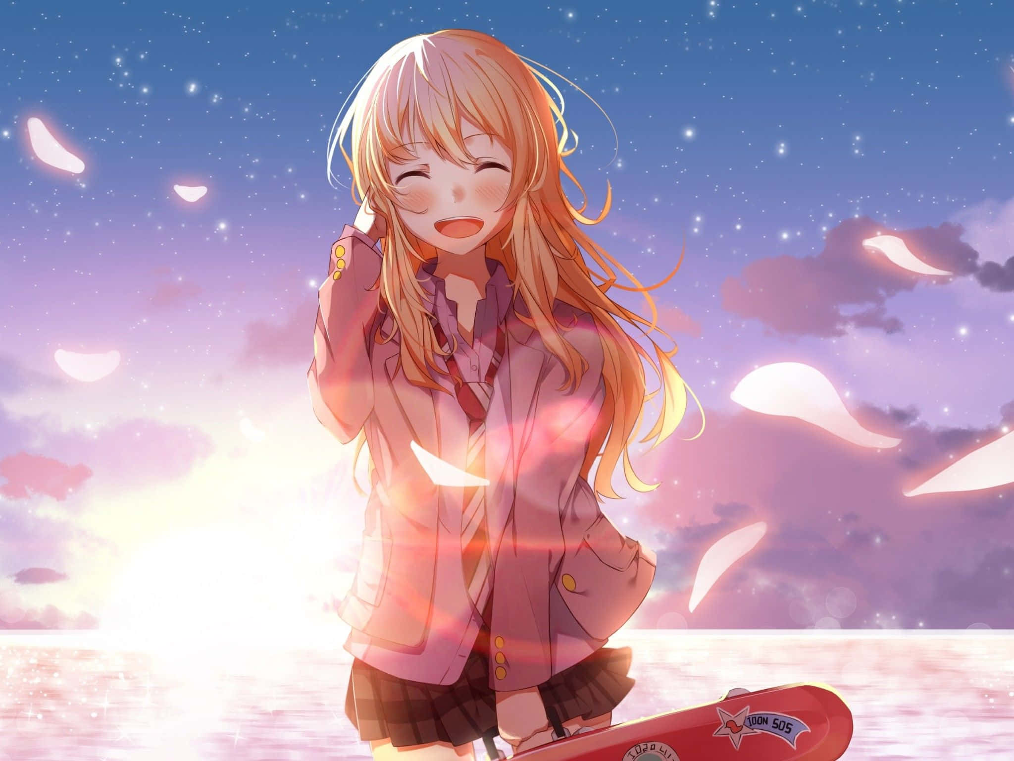 Kaori Miyazono, violin, starry twilight sky, Full HD Desktop Wallpaper