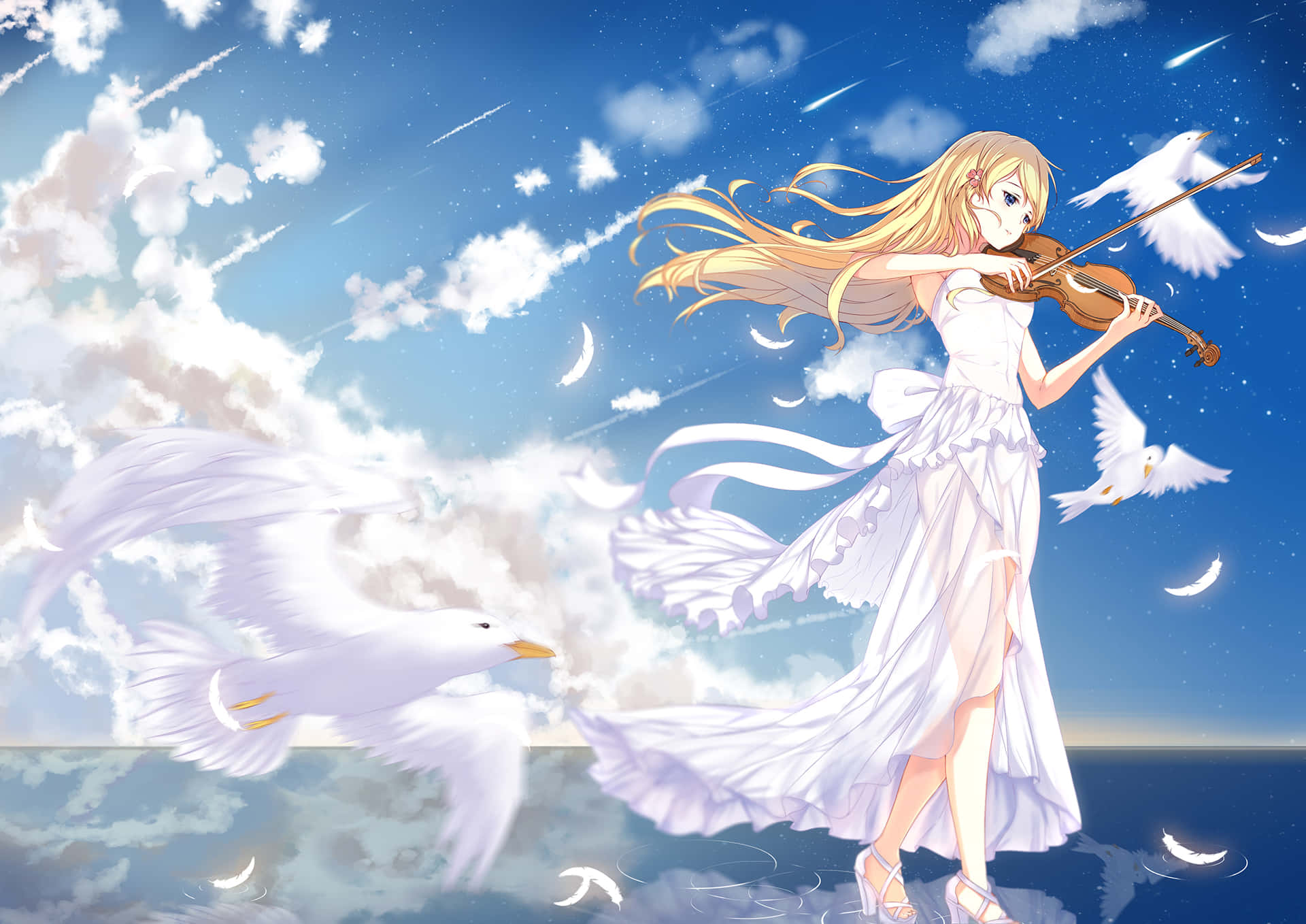 Kaori Miyazono, violinist, white dress, Full HD Desktop Wallpaper
