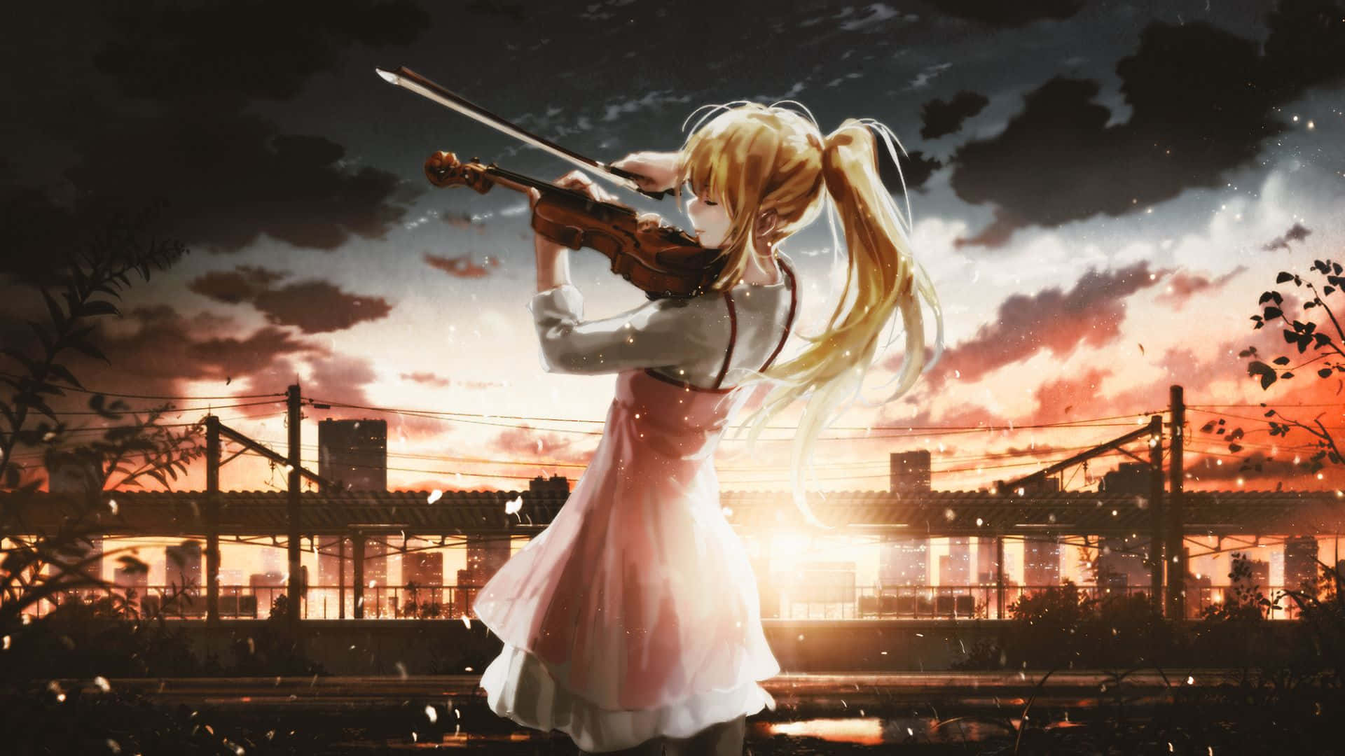 Kaori Miyazono, sunset, violin, Full HD Desktop Wallpaper