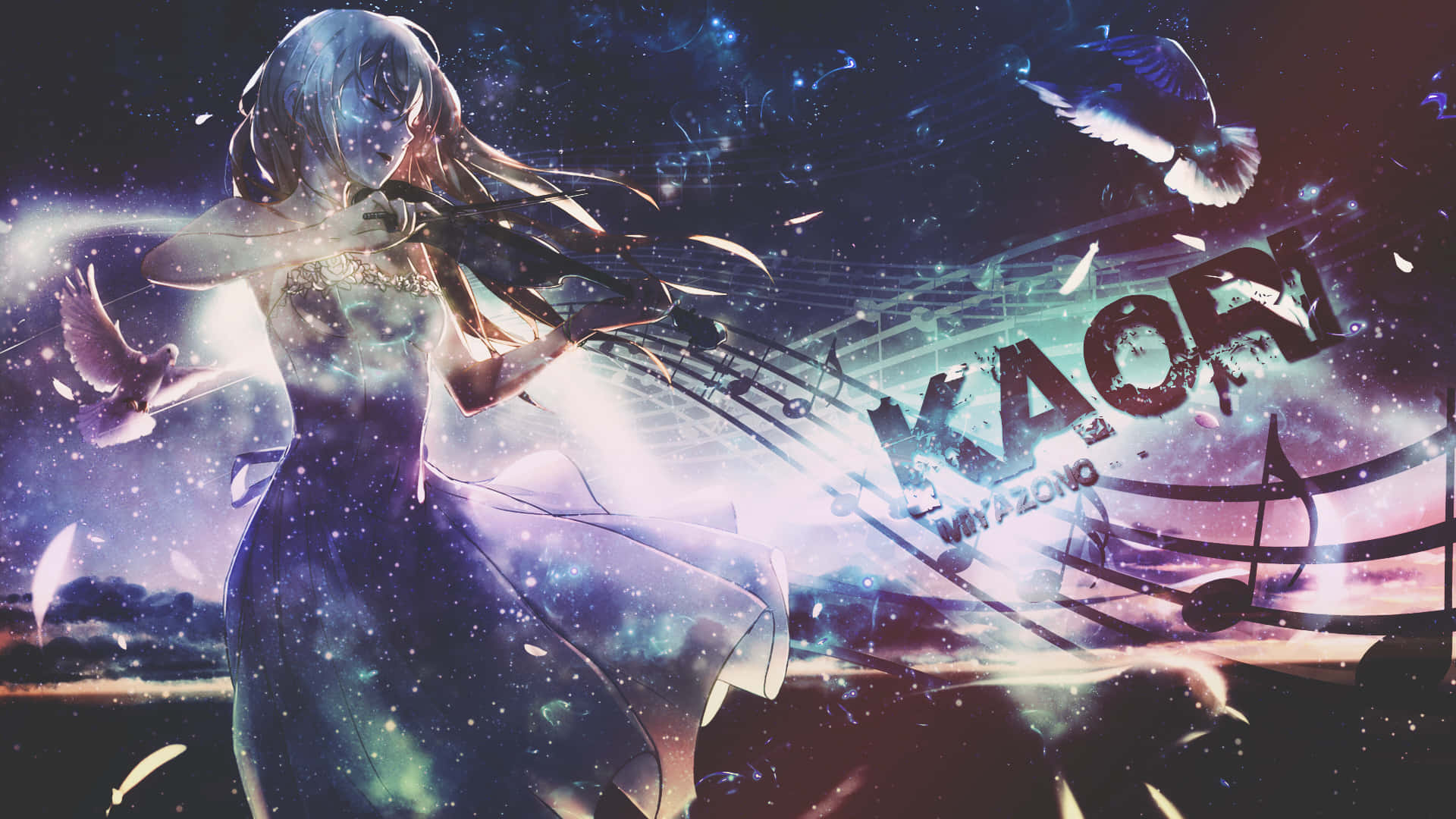 Kaori Miyazono, starry sky, floating doves, Full HD Desktop Wallpaper