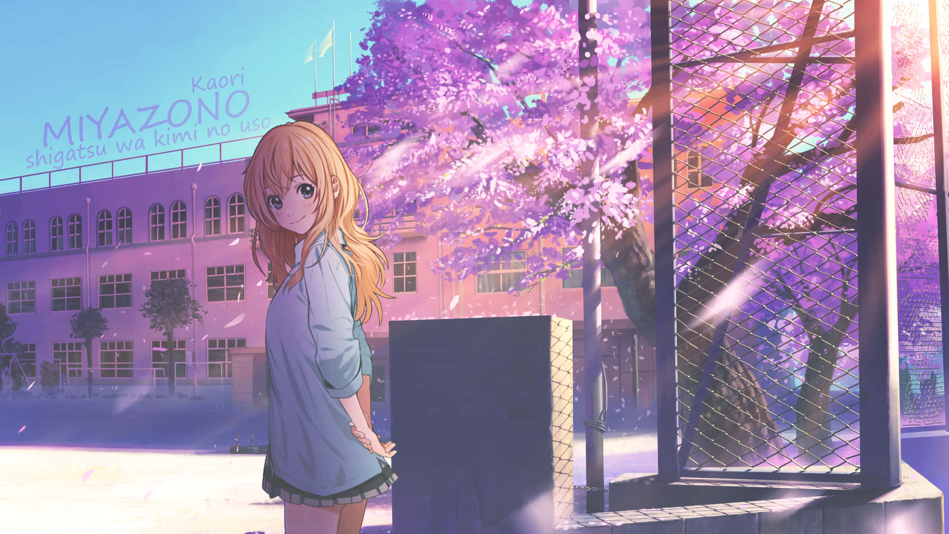 Kaori Miyazono, schoolyard, sakura, Full HD Desktop Wallpaper