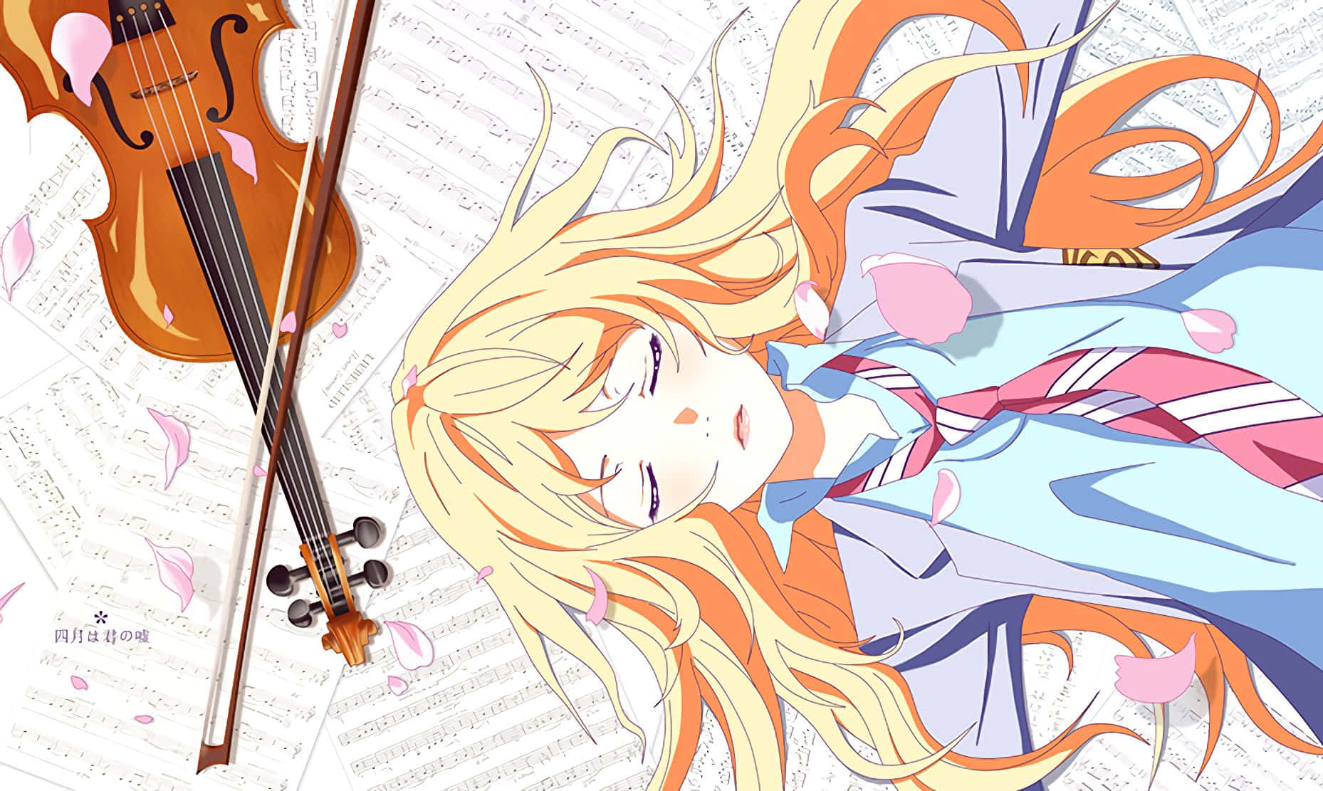 Kaori Miyazono, violin, sakura petals, HD Desktop Wallpaper