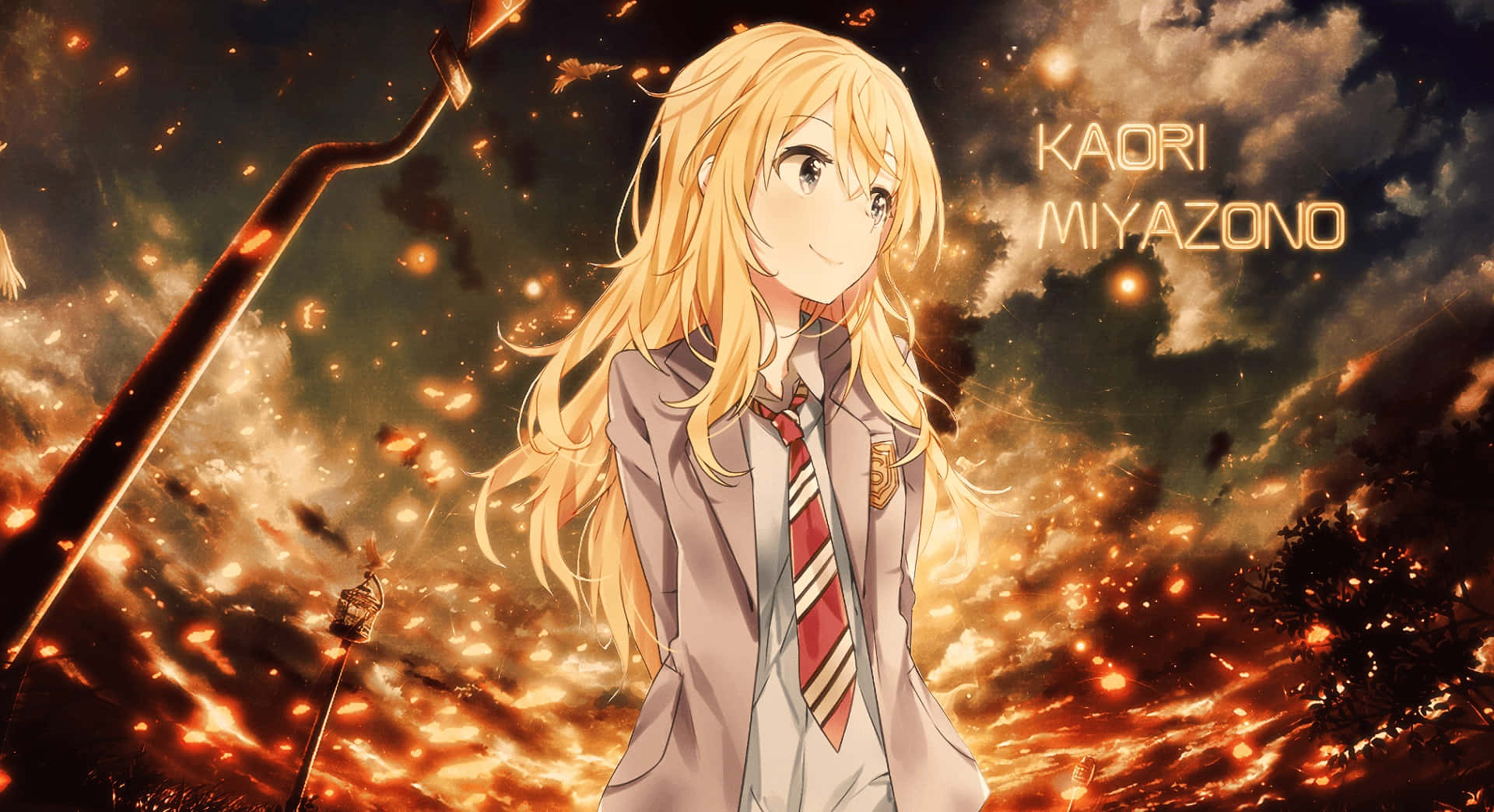 Kaori Miyazono, piano's muse, fiery sky, Full HD Desktop Wallpaper