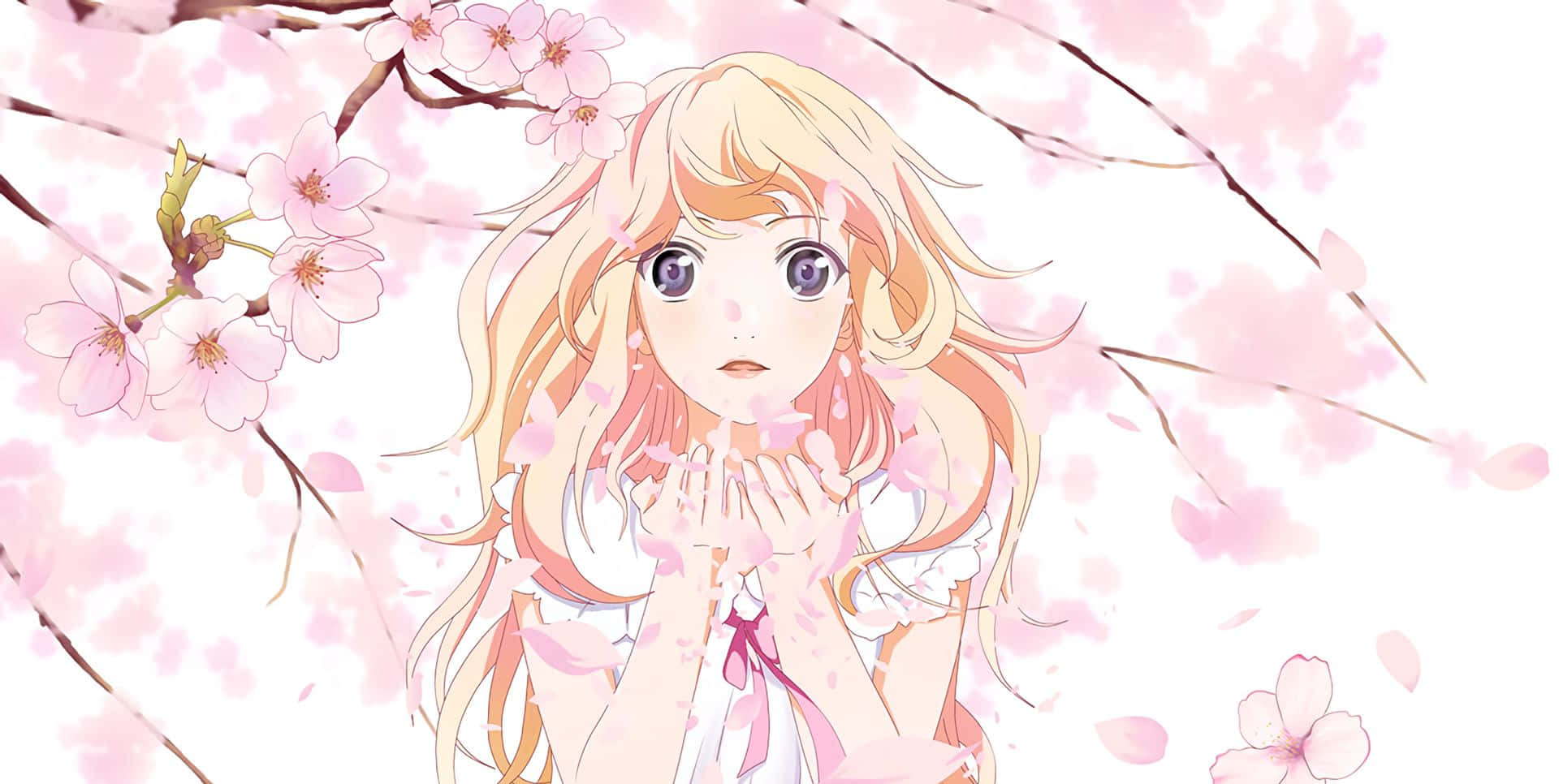 Kaori Miyazono, cherry blossoms, blonde anime girl, Full HD Desktop Wallpaper
