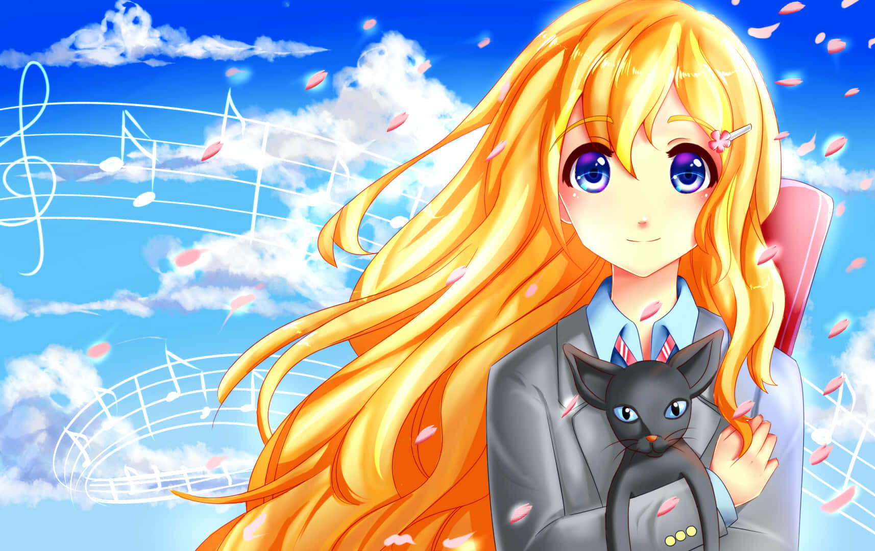Kaori Miyazono, golden hair, blue eyes, HD Desktop Wallpaper