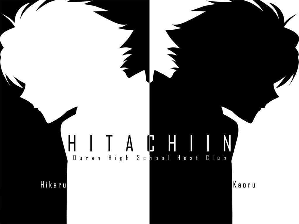 Kaoru Hitachiin, black and white anime silhouettes, two boys facing each other, SD Desktop Wallpaper
