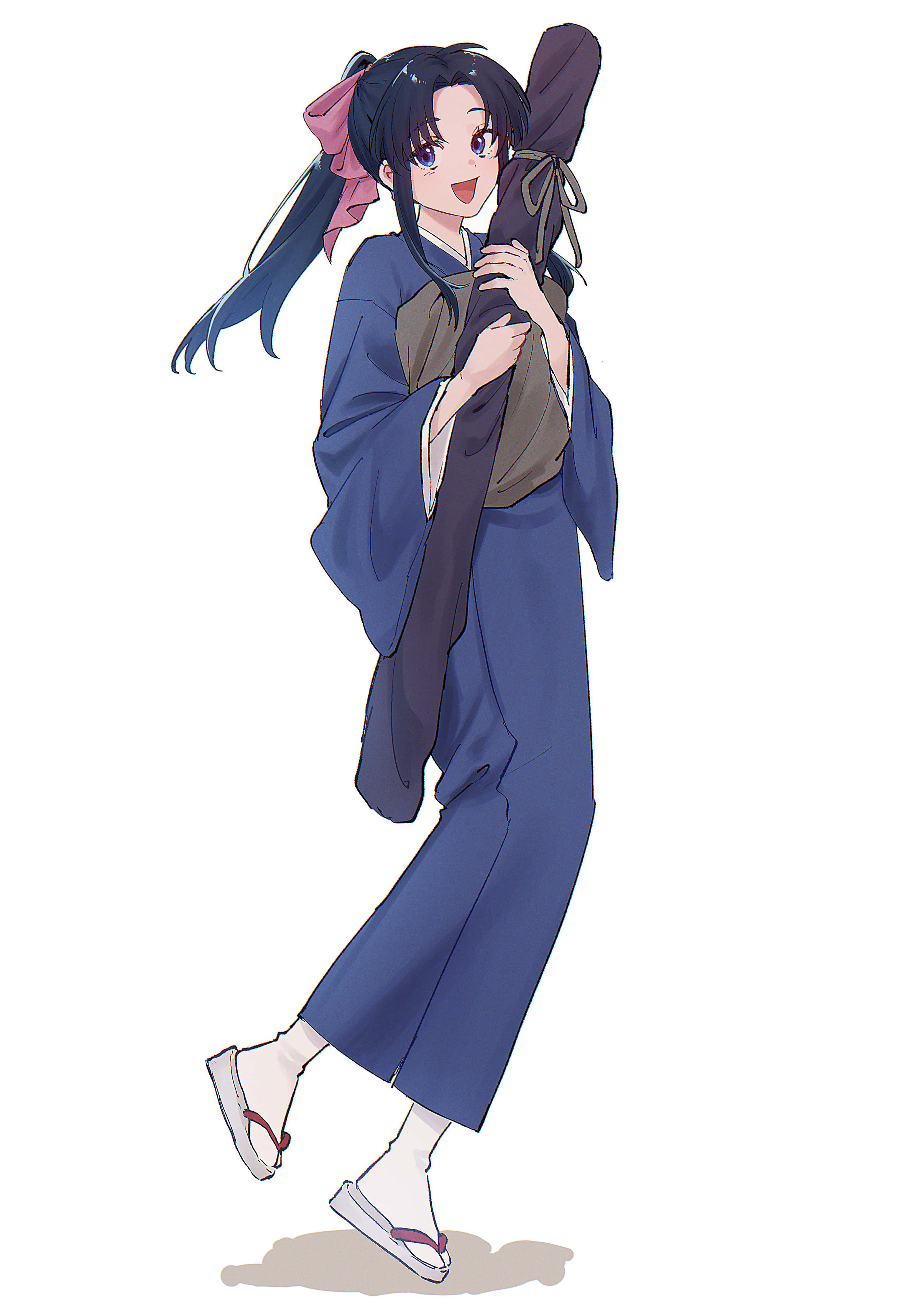 Kaoru Kamiya, blue kimono, pink hair bow, 4K Phone Wallpaper