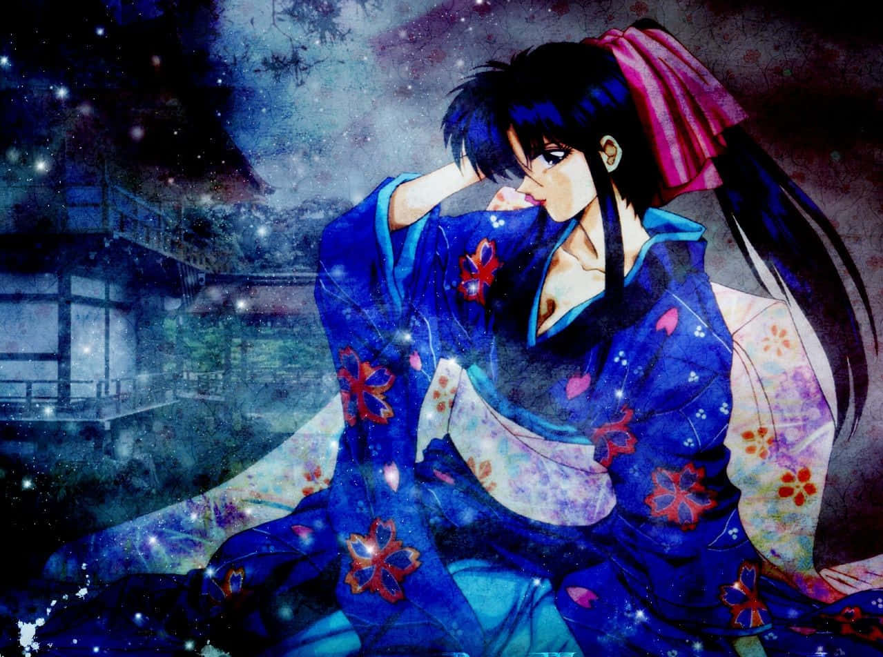 Kaoru Kamiya, blue floral kimono, starry night sky, SD Desktop Wallpaper