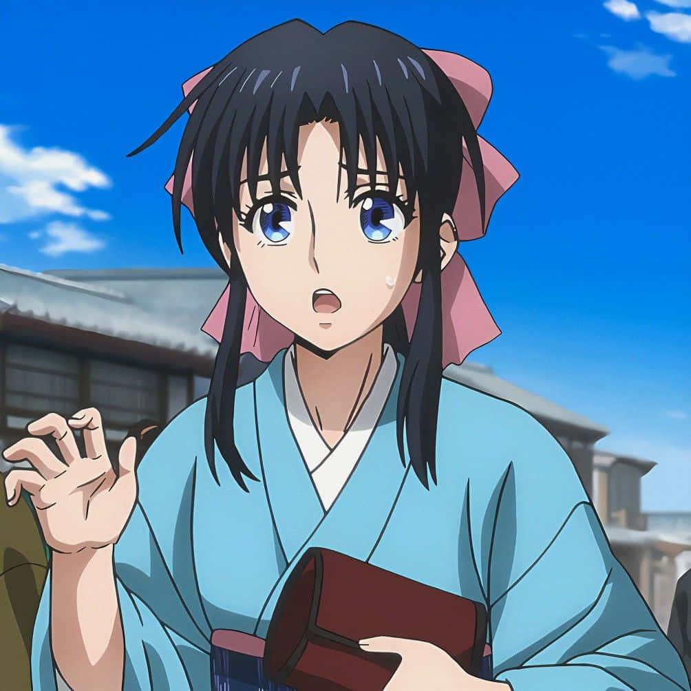 Kaoru Kamiya, light blue kimono, pink hair ribbons, SD Desktop Wallpaper