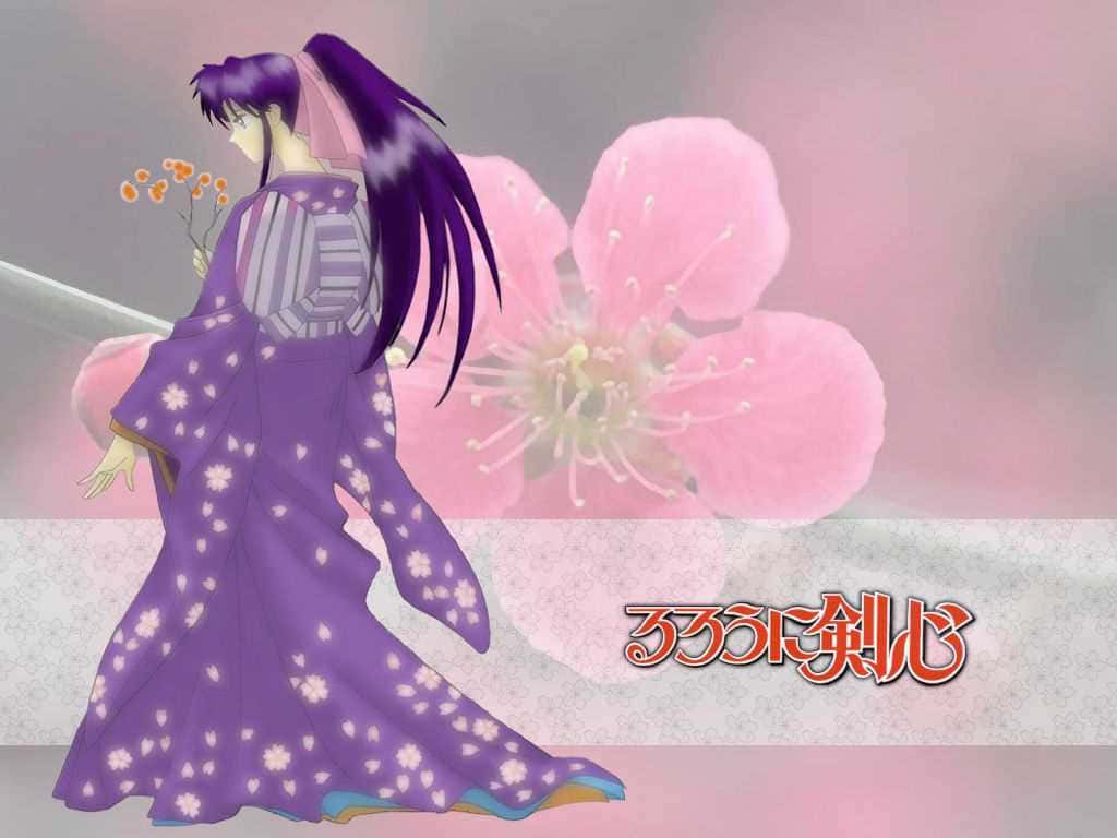 Kaoru Kamiya, floral kimono, purple-haired anime character, SD Desktop Wallpaper