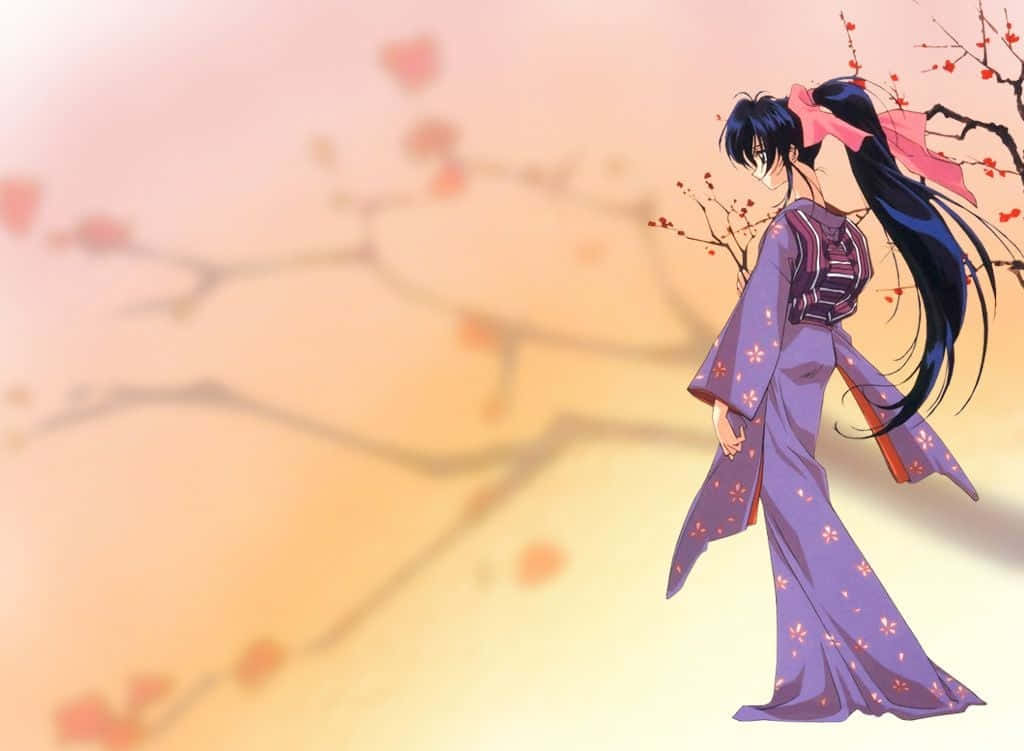 Kaoru Kamiya, purple floral kimono, cherry blossom branches, SD Desktop Wallpaper