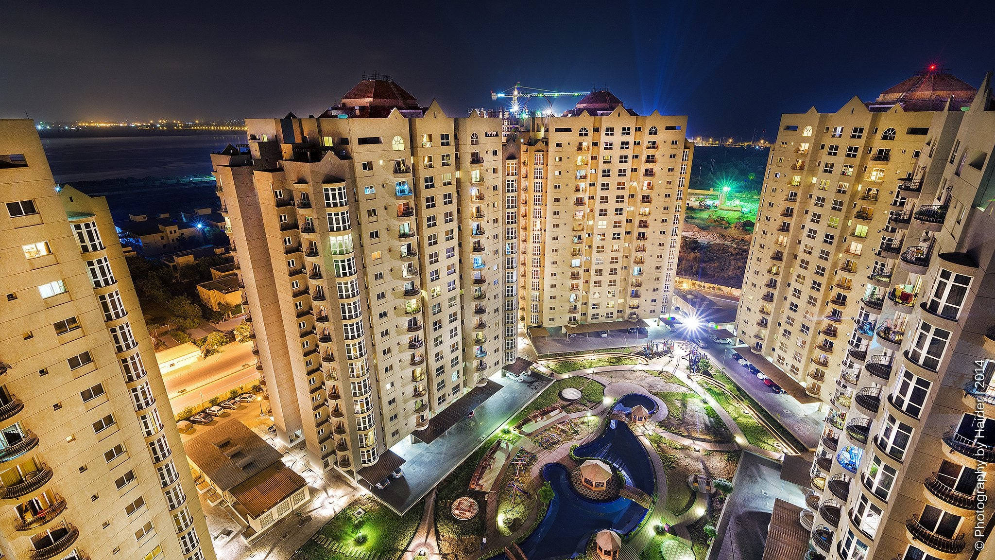 Karachi, aerial night view, illuminated high-rise apartment buildings, Full HD Desktop Wallpaper