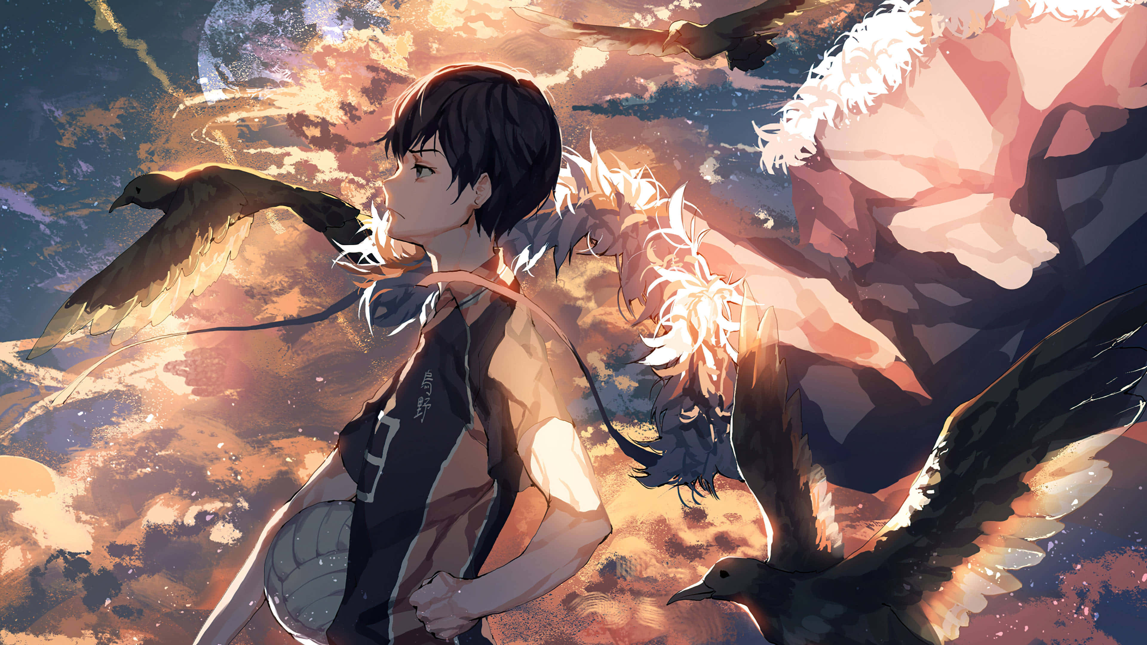 Karasuno, volleyball jersey, glowing birds, 4K Desktop Wallpaper