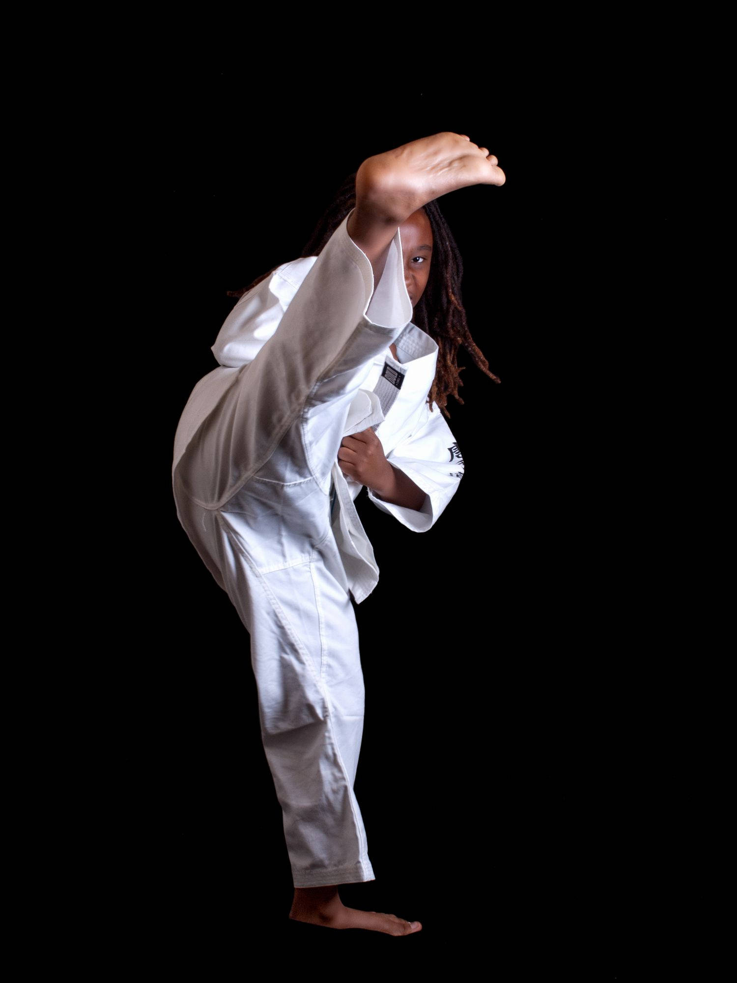 karate kick, white gi, stark black background, Full HD Phone Wallpaper