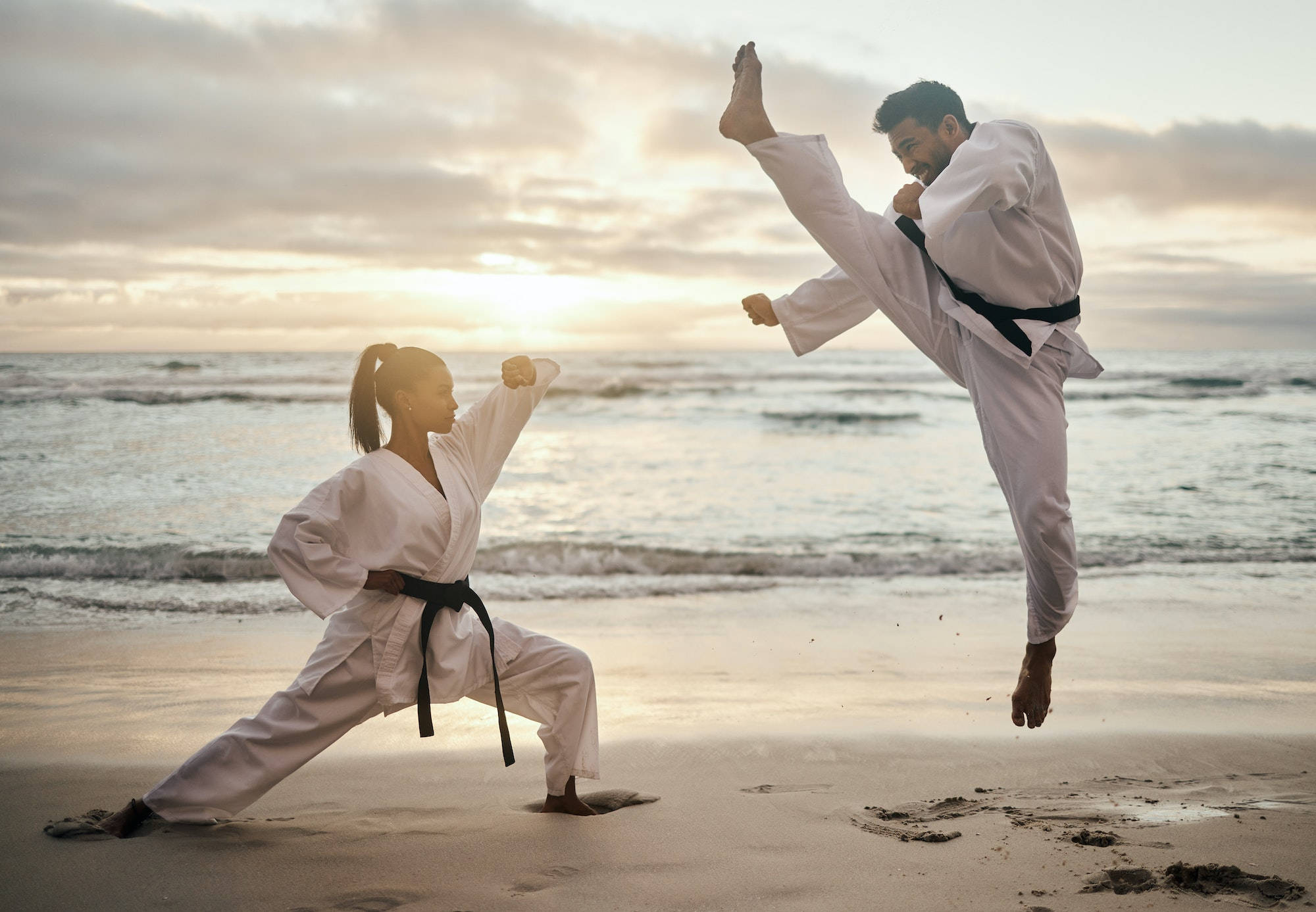 karate, beach, sunset, Full HD Desktop Wallpaper