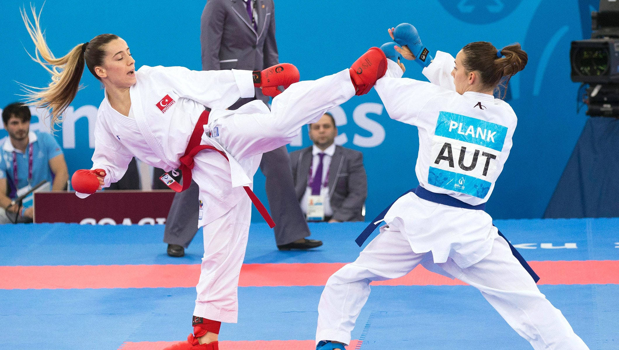 karatekas, high kick, blue competition mat, Full HD Desktop Wallpaper