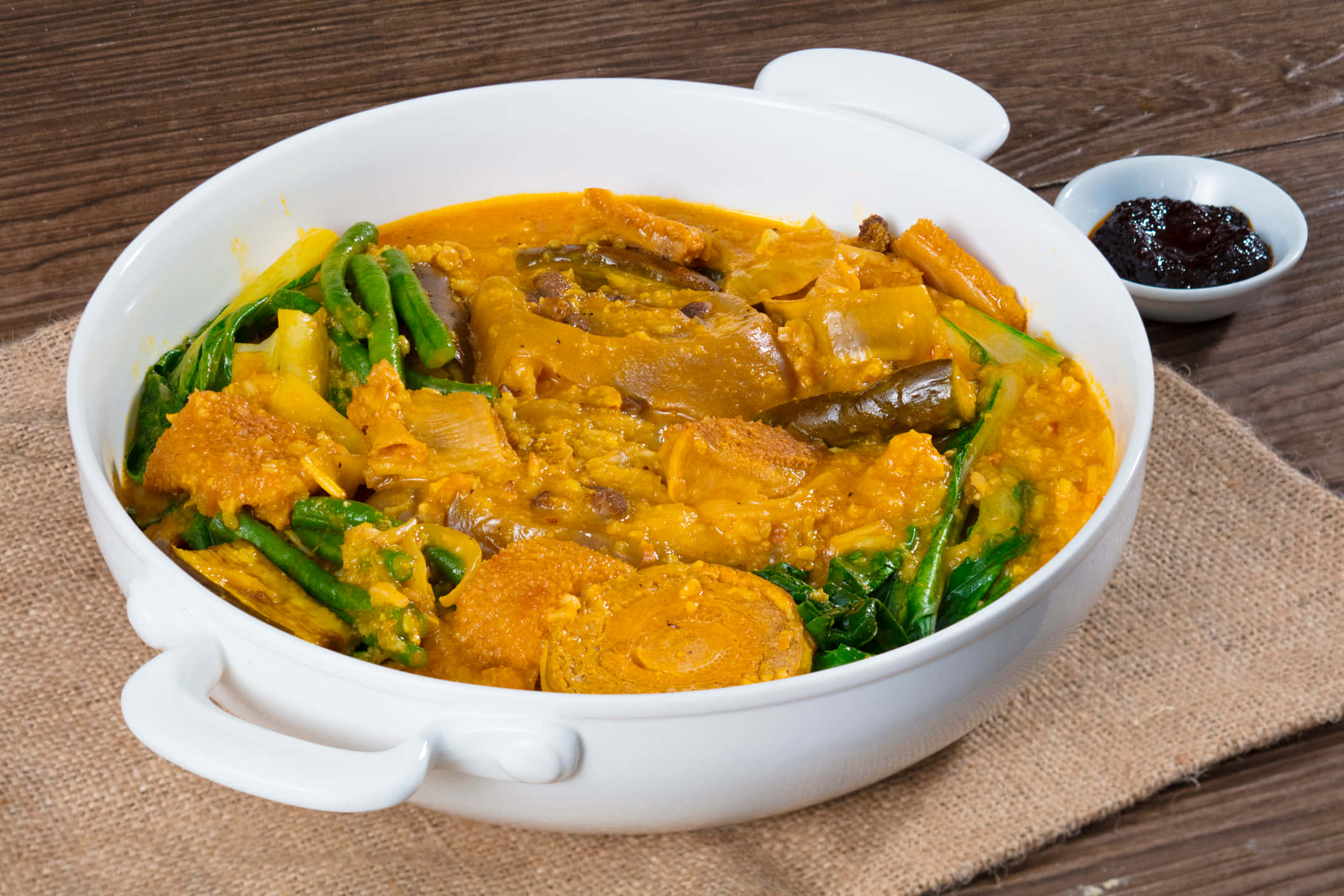 Kare-kare, simple white bowl, rustic wooden table, Full HD Desktop Wallpaper