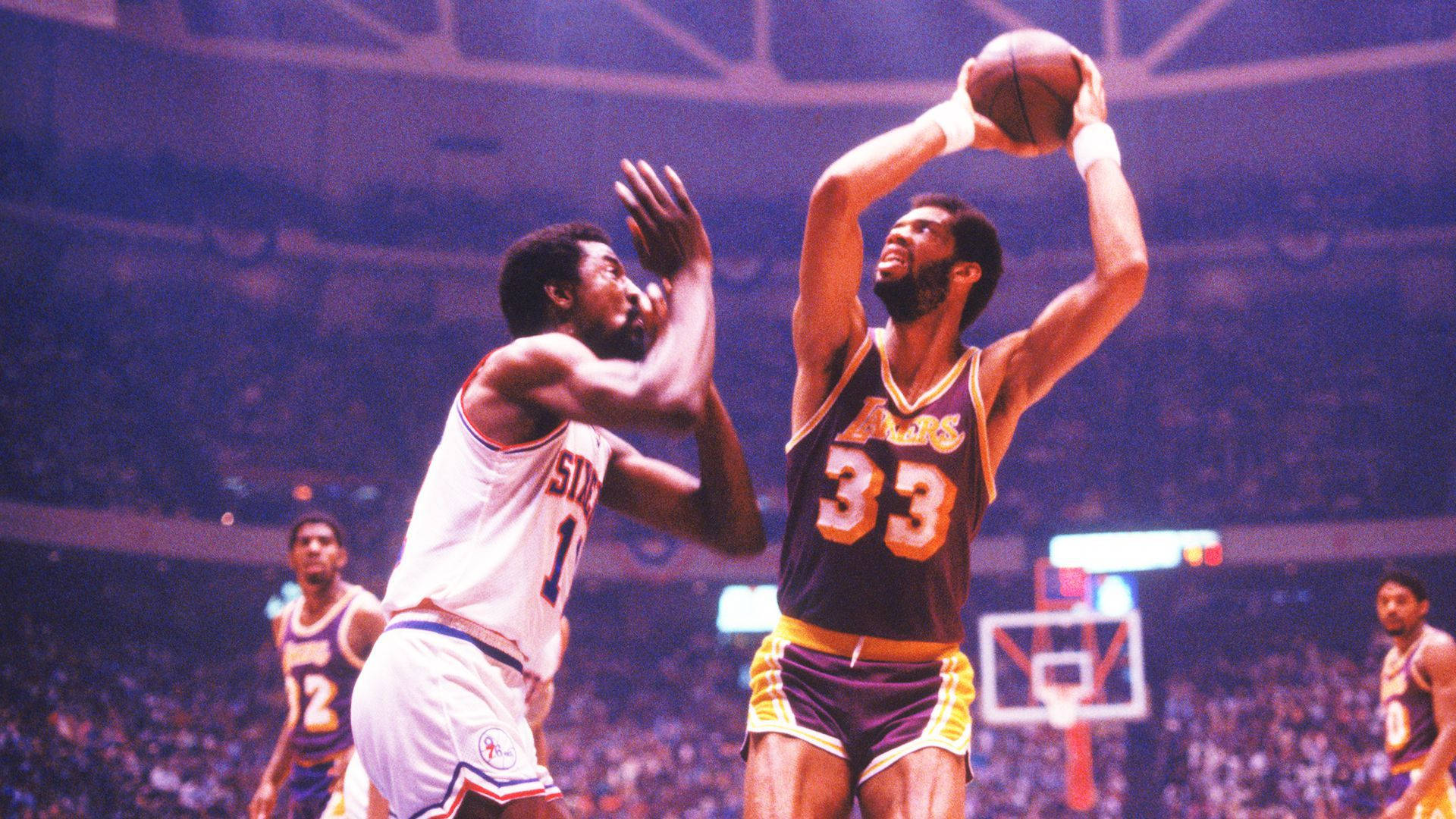 Kareem Abdul-Jabbar, purple Lakers jersey, number 33, Full HD Desktop Wallpaper
