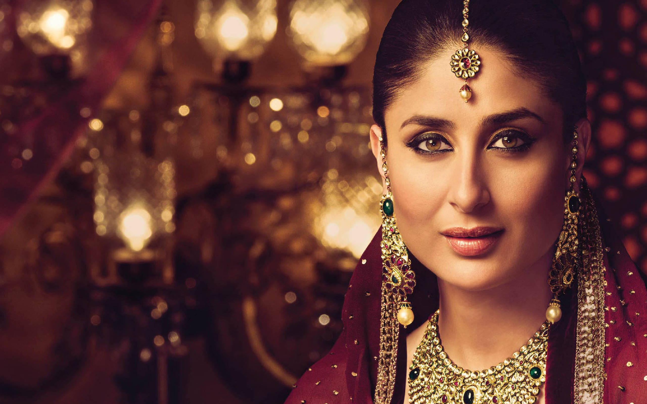 Kareena Kapoor, ornate traditional jewelry, maroon attire, 2K Desktop Wallpaper