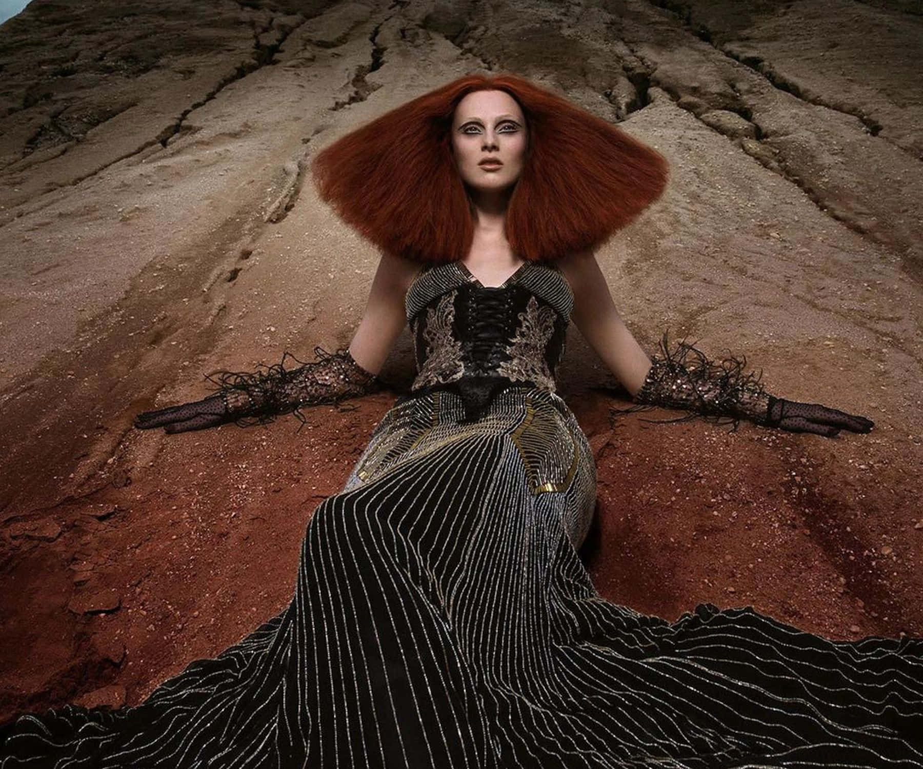 Karen Elson, fiery red hair, ornate black gown, HD Desktop Wallpaper