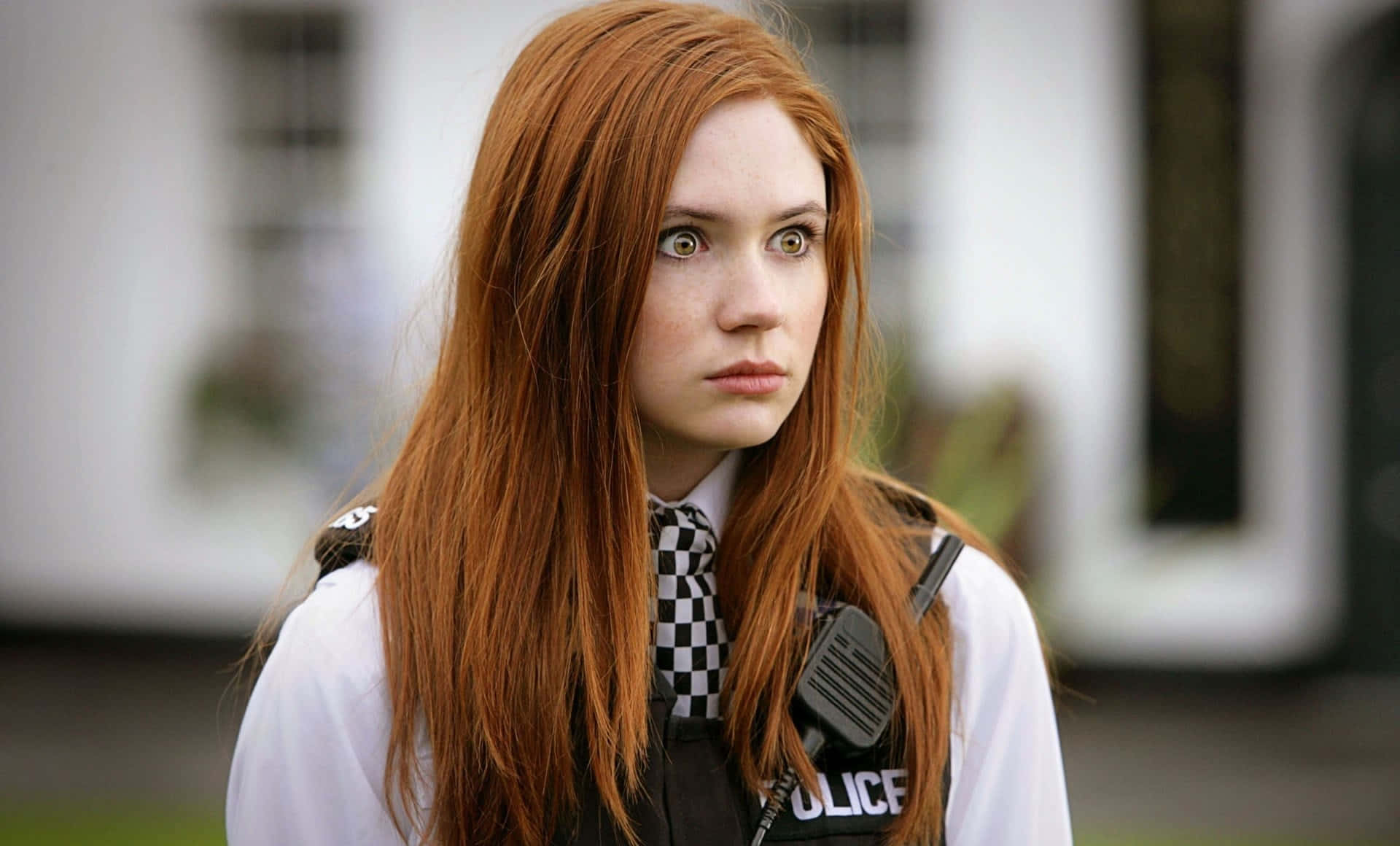 Karen Gillan, redhead, policewoman, Full HD Desktop Wallpaper