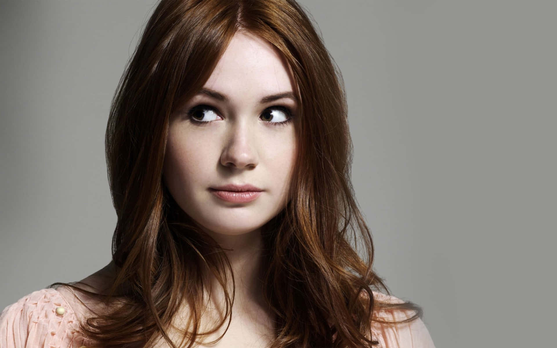 Karen Gillan, long auburn hair, thoughtful expression, Full HD Desktop Wallpaper