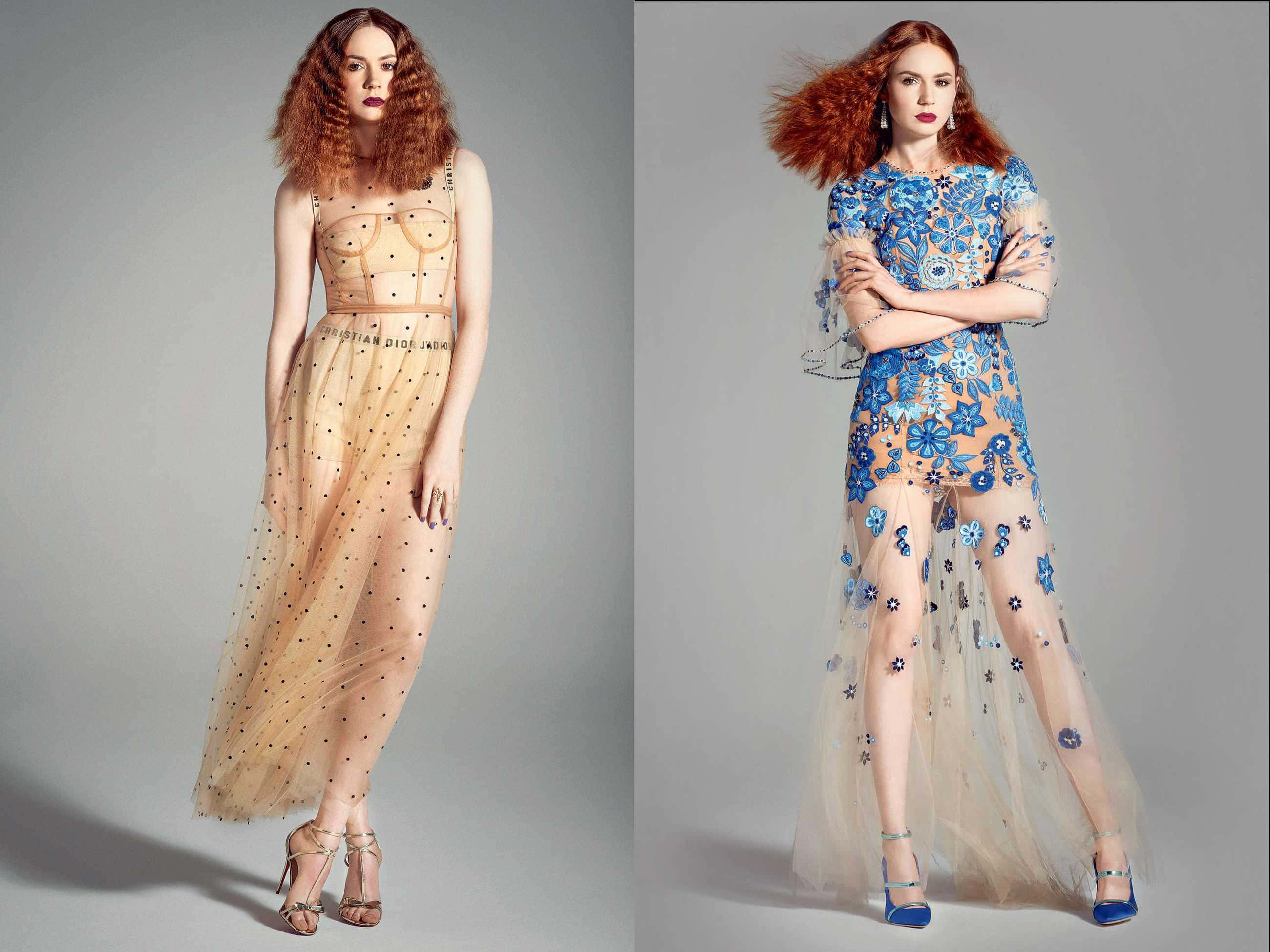 Karen Gillan, fiery red hair, sheer dresses, 2K Desktop Wallpaper