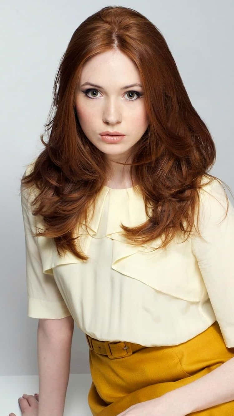 Karen Gillan, auburn hair, pale yellow blouse, HD Phone Wallpaper