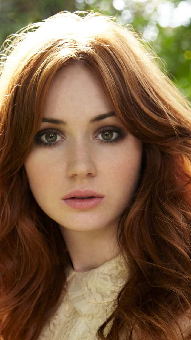 Karen Gillan, vibrant red hair, green eyes, SD Phone Wallpaper