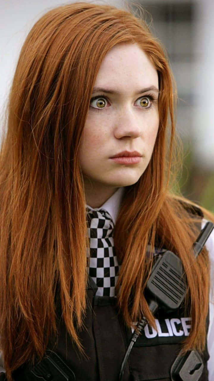Karen Gillan, police uniform, checkered tie, HD Phone Wallpaper