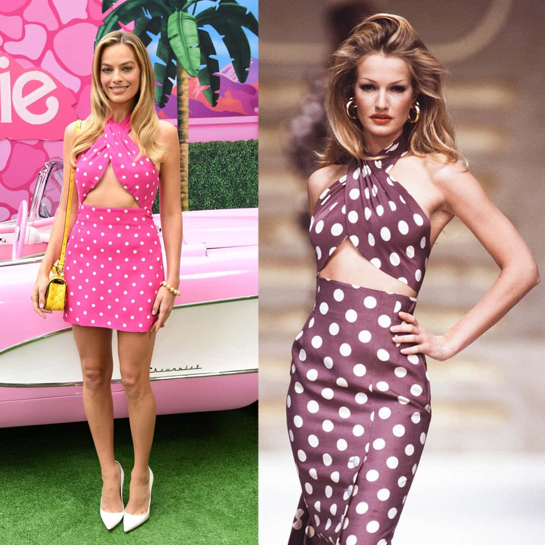 Karen Mulder, polka-dot cutout dresses, pink vintage cars, SD Desktop Wallpaper