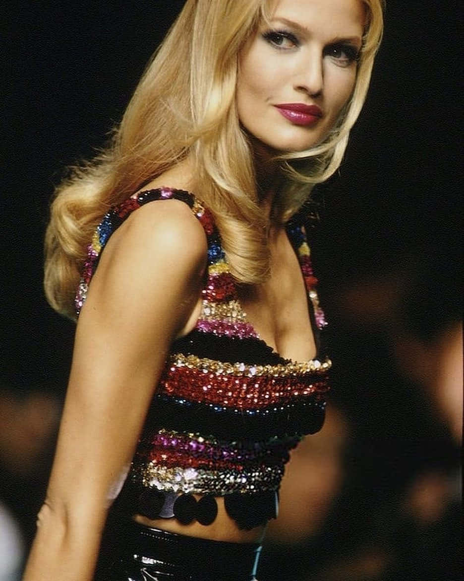 Karen Mulder, colorful sequined crop top, bright runway lights, SD Phone Wallpaper