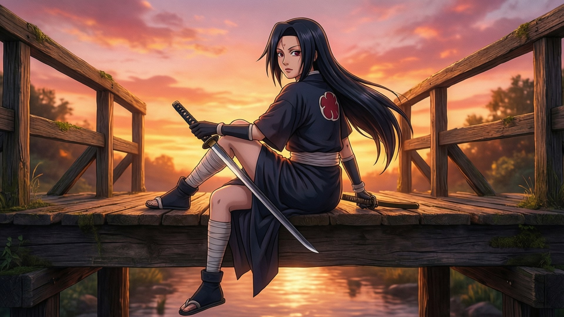 Karin Uzumaki, wooden bridge, sunset, Full HD Desktop Wallpaper