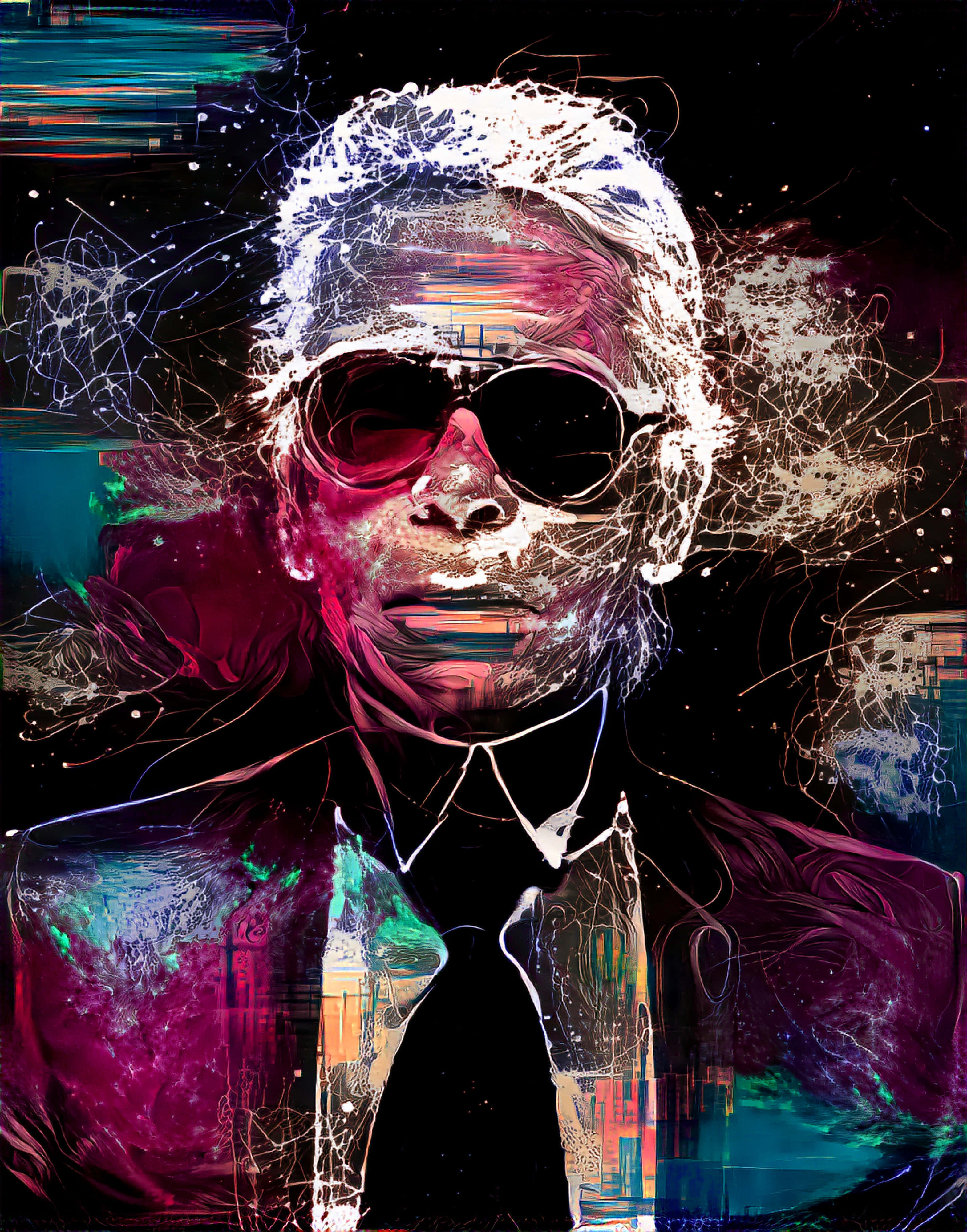 Karl Lagerfeld, classic blazer look, glitch art effects, 4K Phone Wallpaper
