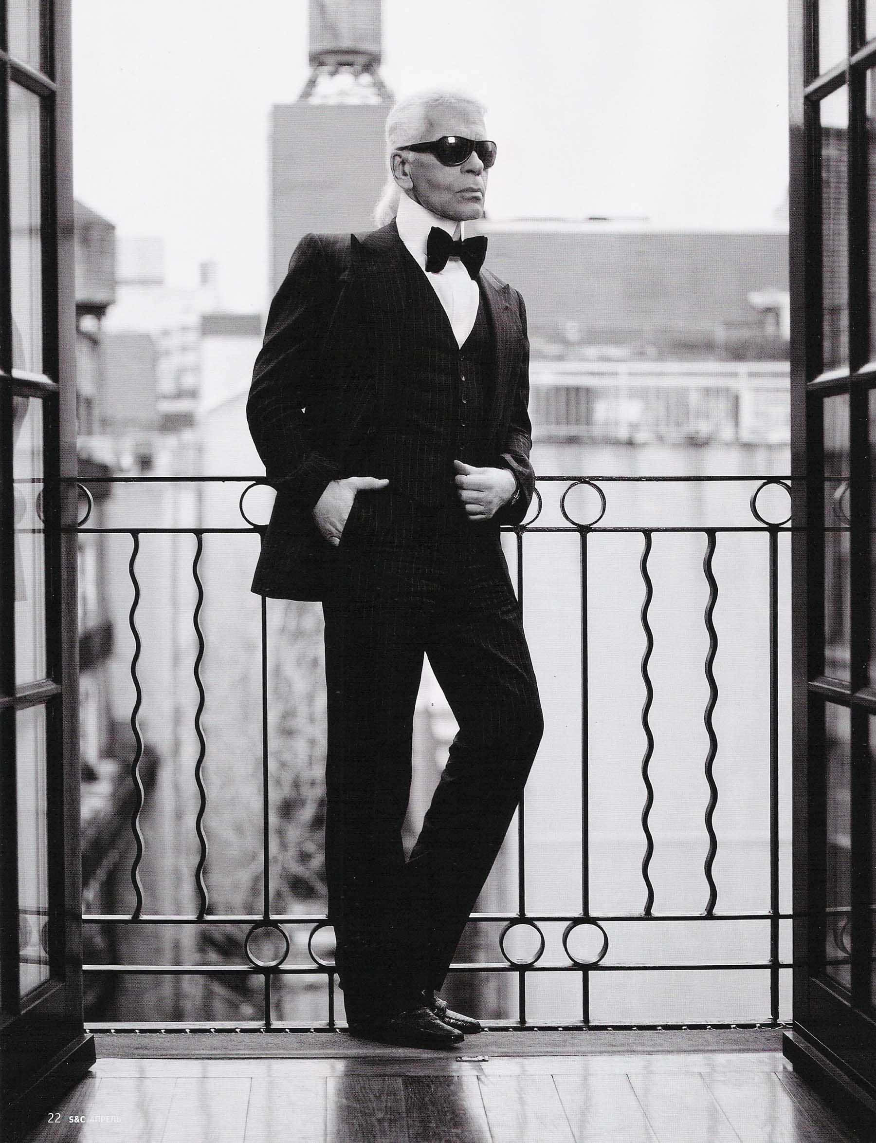 Karl Lagerfeld, pinstripe suit, bow tie, Full HD Phone Wallpaper