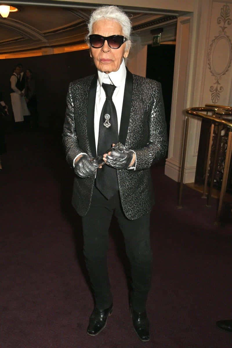 Karl Lagerfeld, glittering black suit, sunglasses, SD Phone Wallpaper