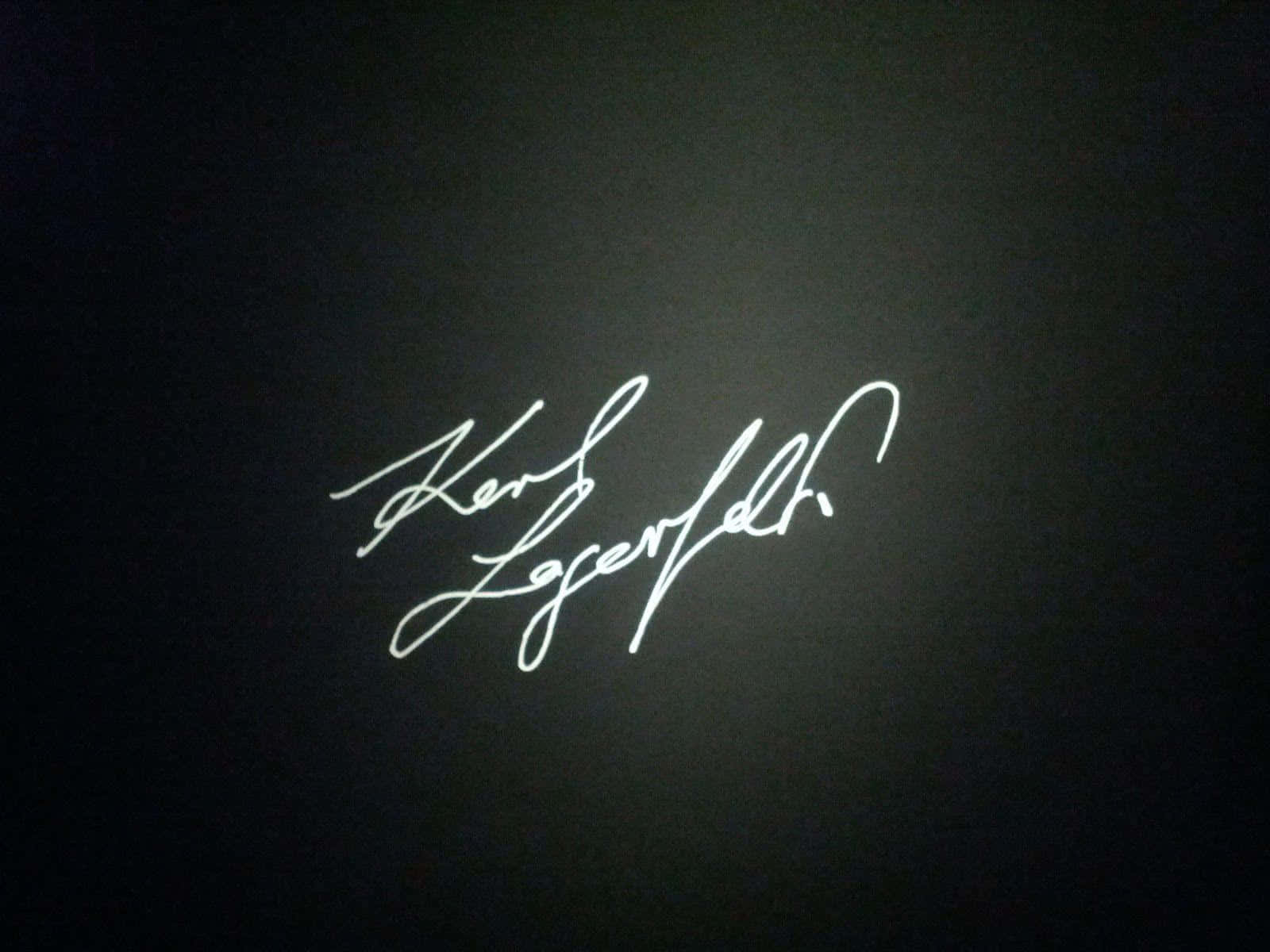 Karl Lagerfeld, white cursive signature, dark textured background, HD Desktop Wallpaper