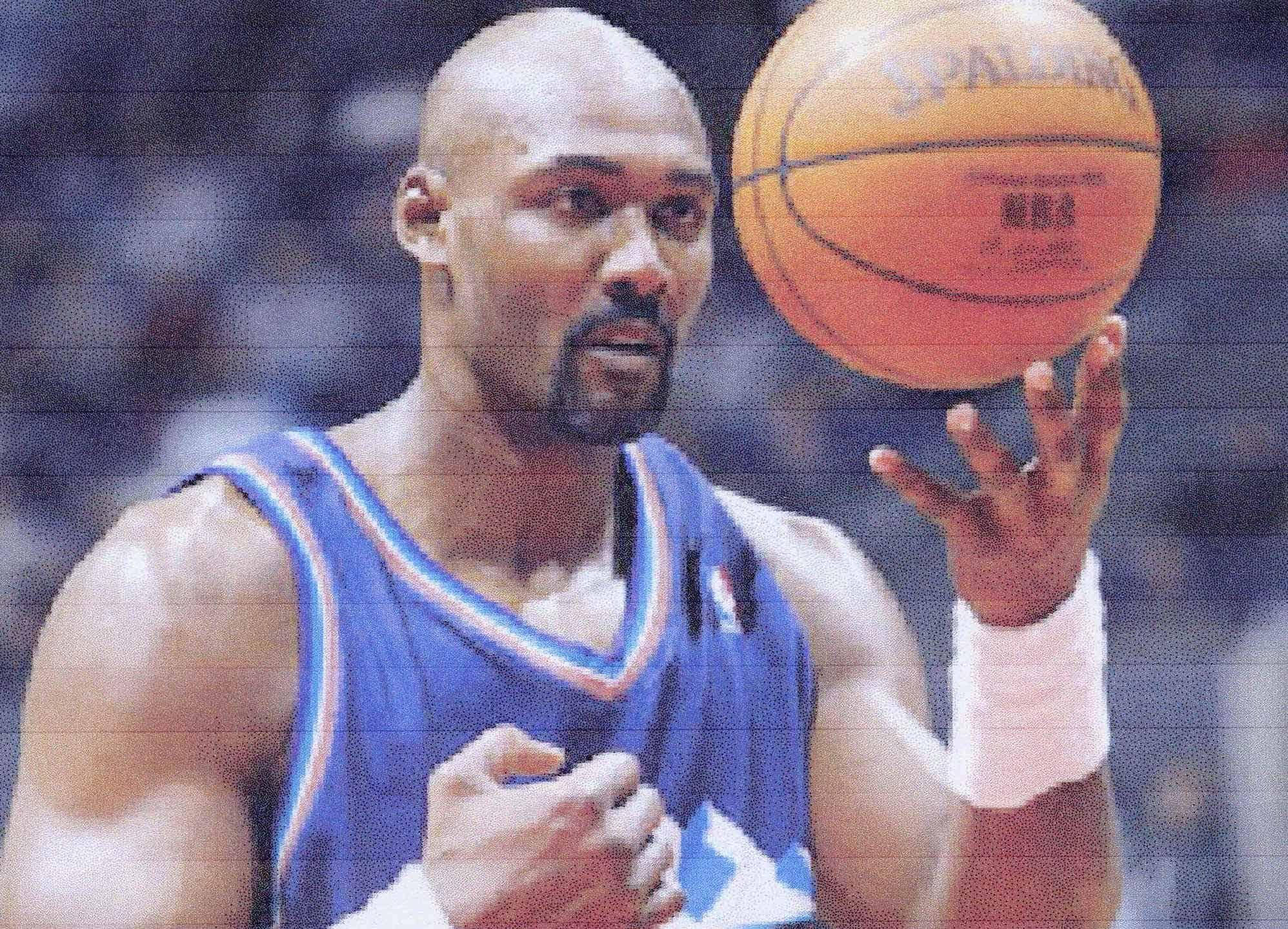 Karl Malone, blue jersey, orange Spalding ball, Full HD Desktop Wallpaper