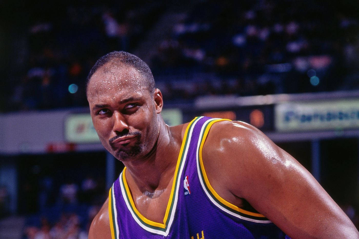 Karl Malone, purple jersey, arena lights, HD Desktop Wallpaper
