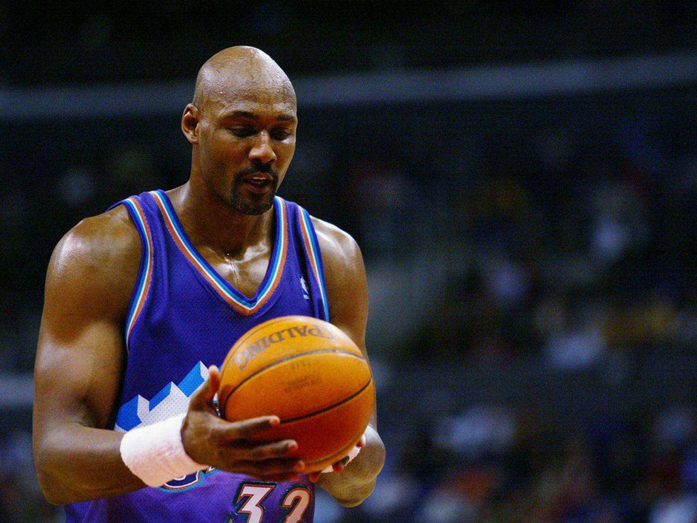 Karl Malone, purple jersey, orange Spalding ball, HD Desktop Wallpaper