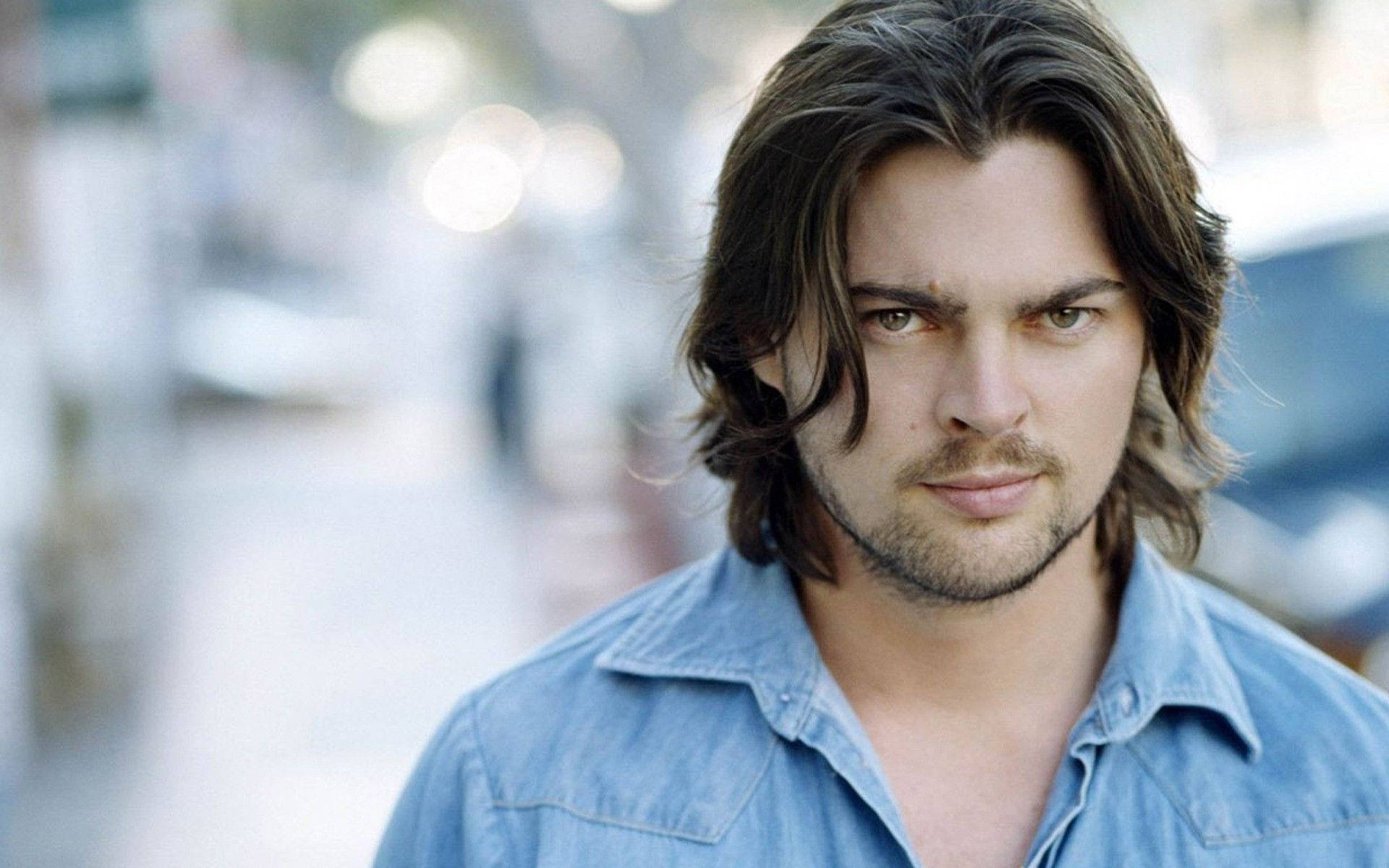 Karl Urban, long dark hair, denim shirt, Full HD Desktop Wallpaper