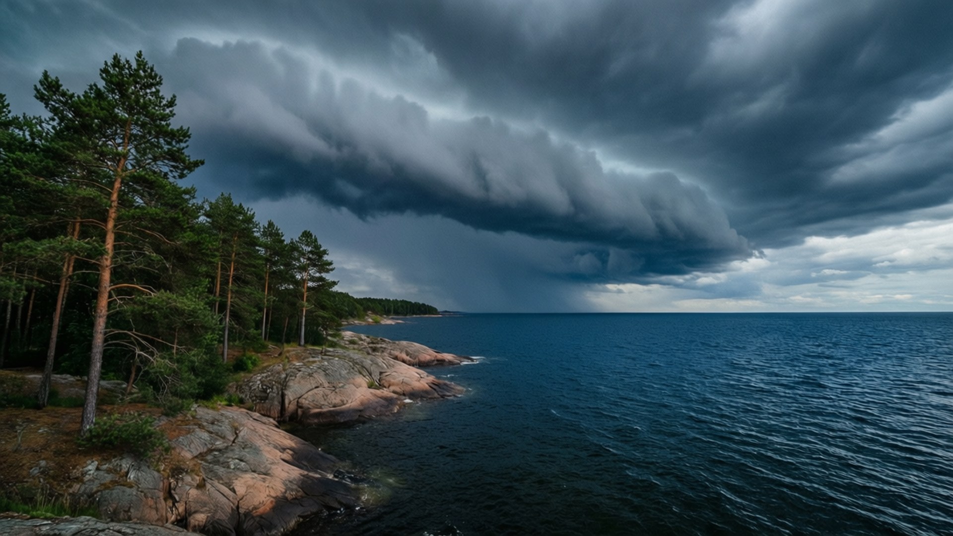 Karlshamn, rocky coastline, storm clouds, Full HD Desktop Wallpaper