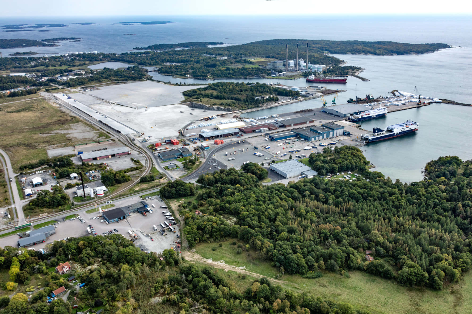 Karlshamn, aerial view, coastal industrial port, Full HD Desktop Wallpaper