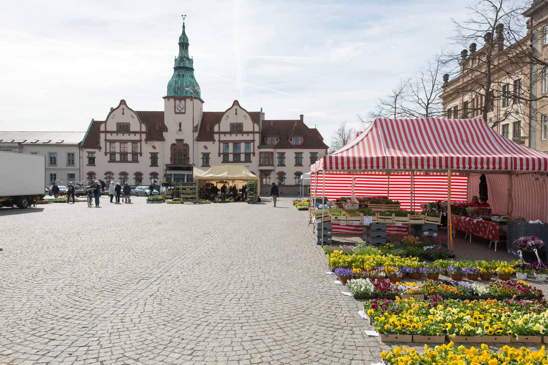 Karlshamn, town square, flower stalls, HD Desktop Wallpaper