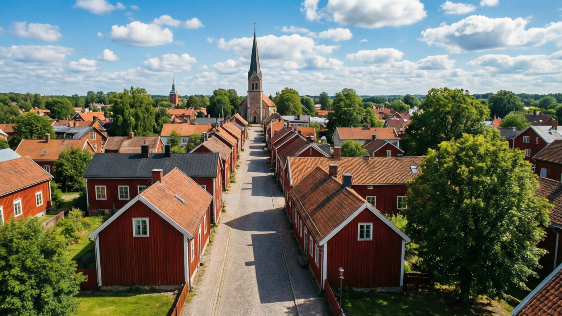 Karlshamn, old town, red houses, Full HD Desktop Wallpaper