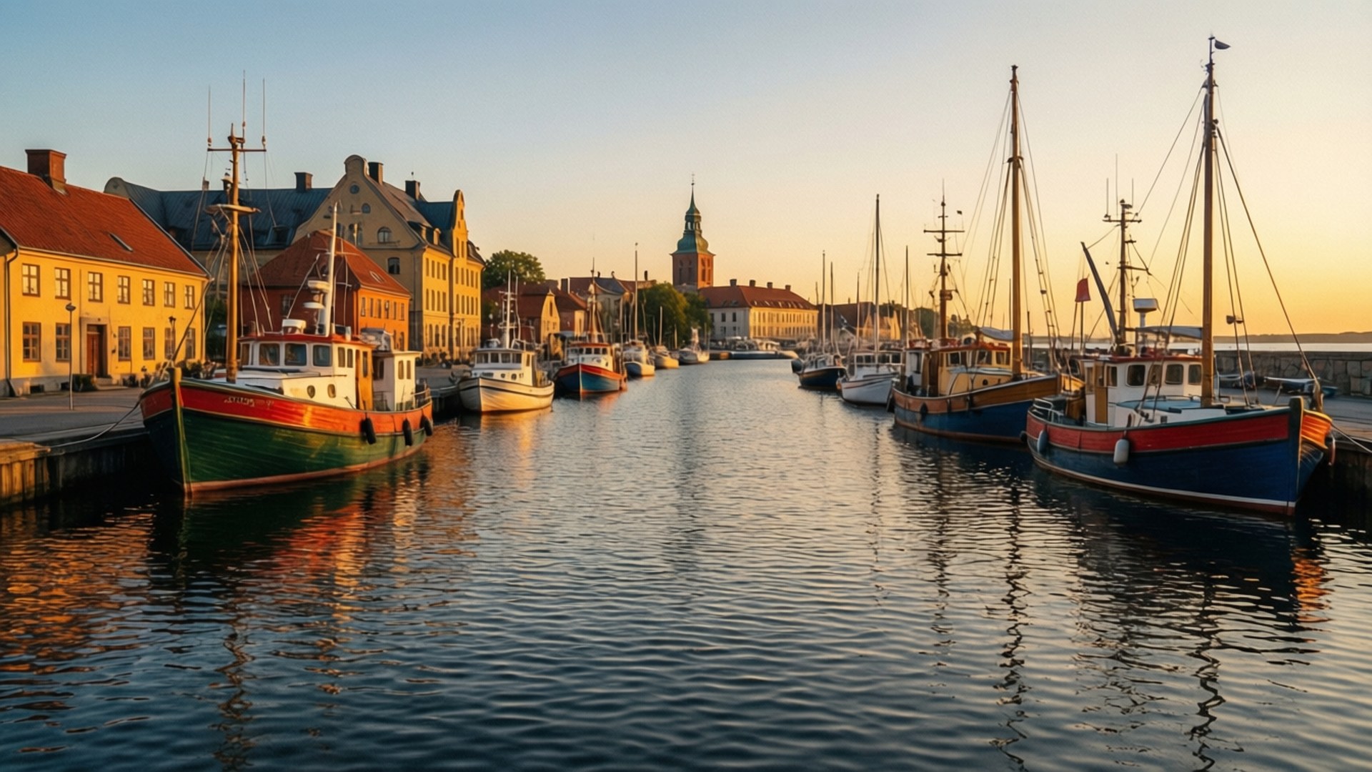 Karlshamn, harbor, sunset, Full HD Desktop Wallpaper