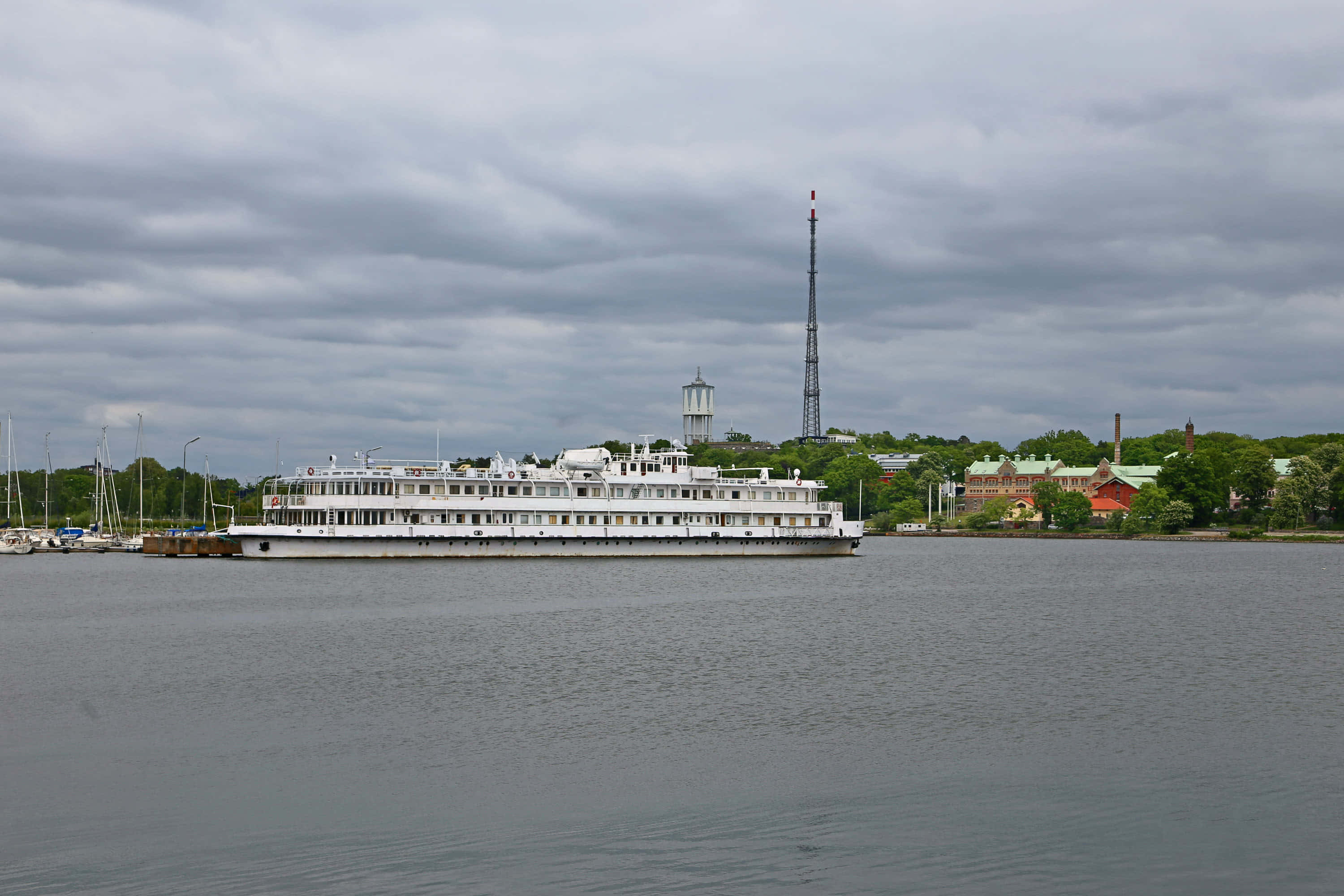 Karlskrona, white riverboat, gray water, 2K Desktop Wallpaper