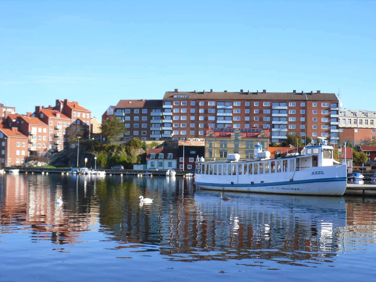 Karlskrona, waterfront, white boat named Axel, HD Desktop Wallpaper